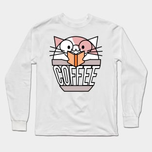 Cat in coffee cup with warped text reading book wearing glasses white and pink Long Sleeve T-Shirt